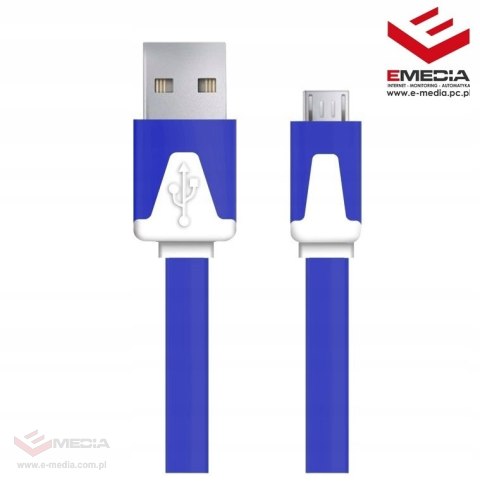 Kabel USB - Micro USB 2.0 A-B 1m płaski niebieski