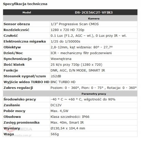 Kamera HIKVISION HD-TVI domed DS-2CE56C2T-VFIR3(B)