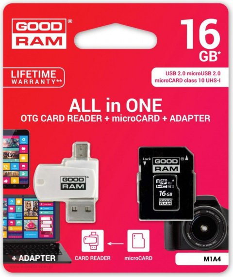 Karta pamięci MicroSDHC GOODRAM 16GB All in one- microCARD class 10 UHS I + adapter + OTG card reader USB/microUSB 2.0