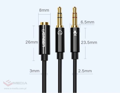 Ugreen kabel rozdzielacz AUX 3,5 mm mini jack (żeński) - 2x 3,5 mm mini jack (męski - mikrofon i słuchawki) czarny (AV140 20899)