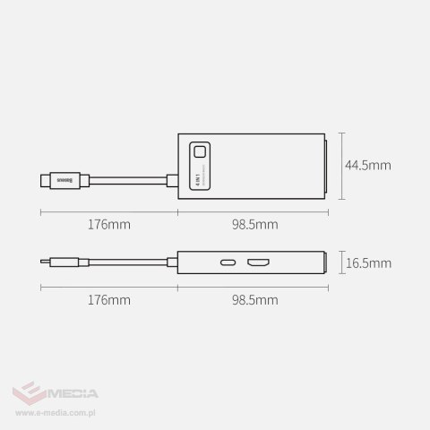 Baseus Metal Gleam 4w1 wielofunkcyjny HUB USB Typ C - USB Typ C Power Delivery 100 W / HDMI 4K 30 Hz / USB 3.2 Gen 1 / USB 2.0 (