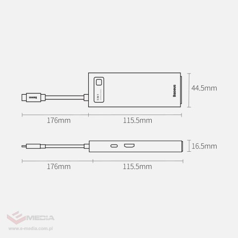 Baseus Metal Gleam 5w1 wielofunkcyjny HUB USB Typ C - USB Typ C Power Delivery 100 W / HDMI 4K 30 Hz / 3x USB 3.2 Gen 1 Szary (C