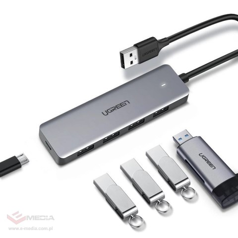 Ugreen rozdzielacz HUB USB - 4x USB 3.2 Gen 1 z portem zasilania micro USB szary (CM219 50985)