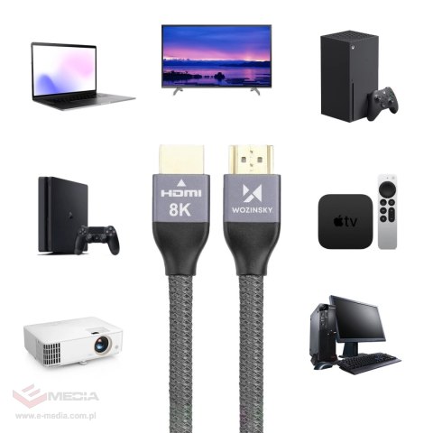 Wozinsky kabel HDMI 2.1 8K 60 Hz 48 Gbps / 4K 120 Hz / 2K 144 Hz 5 m srebrny (WHDMI-50)