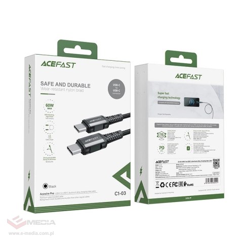 Kabel Acefast C1-03 USB-C - USB-C PD QC 60W 3A 480Mb/s 1,2m - czarny