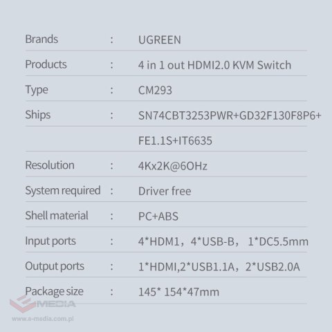 Ugreen przełącznik KVM (Keyboard Video Mouse) 4 x 1 HDMI (żeński) 4 x USB (żeński) 4 x USB Typ B (żeński) czarny (CM293)