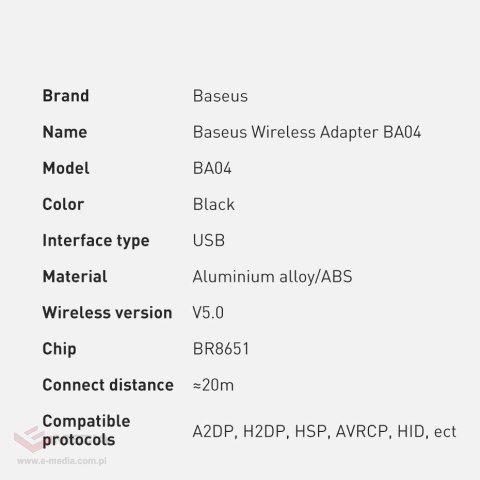 Baseus BA04 mini adapter Bluetooth 5.0 USB odbiornik nadajnik do komputera czarny (ZJBA000001)