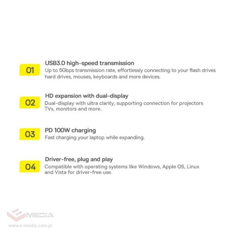Baseus Metal Gleam Series stacja dokująca HUB 6 w 1 USB Typ C - 1 x HDMI / 3 x USB 3.2 Gen. 1 / 1 x Power Delivery / 1 x VGA sza