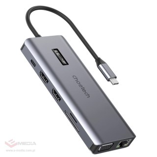 Choetech HUB wielofunkcyjny z wyświetlaczem 12w1 USB-C do 1xUSB-C/4xUSB-A/2xHDMI/1xVGA/1xAUX/czytnik kart pamięci szary (HUB-M26