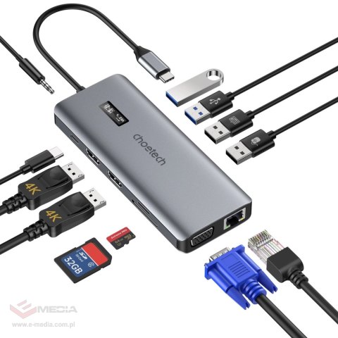 Choetech HUB wielofunkcyjny z wyświetlaczem 12w1 USB-C do 1xUSB-C/4xUSB-A/2xHDMI/1xVGA/1xAUX/czytnik kart pamięci szary (HUB-M26