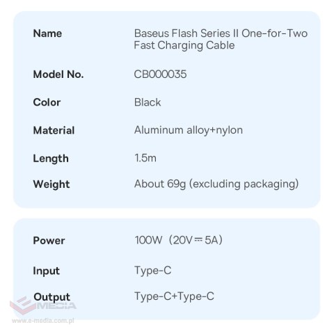 Baseus Flash Series Ⅱ kabel do szybkiego ładowania 2w1 USB-C - 2xUSB-C 100W 1.5m czarny