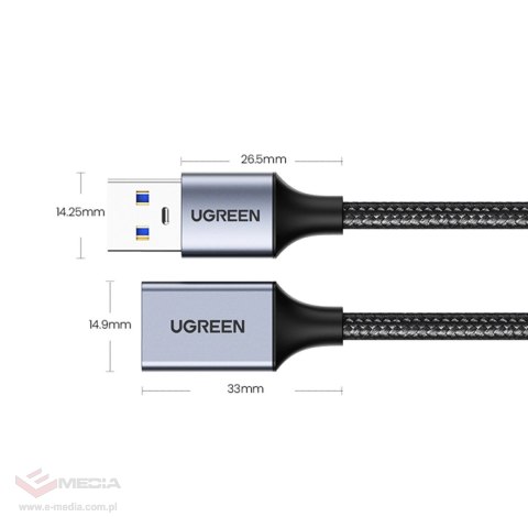 Ugreen przedłużacz adapter kabel przewód USB (męski) - USB (żeński) 3.0 5Gb/s 2m szary (US115)