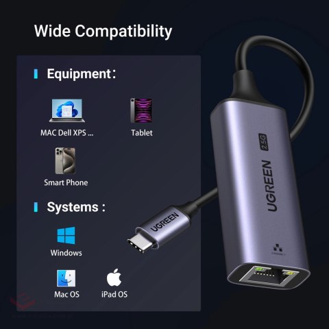 Adapter Ugreen CM648 USB-C do RJ45 Ethernet 2.5G - szary