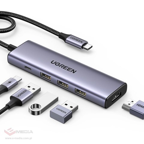 Wielofunkcyjny HUB 5w1 USB-C - HDMI 1.4 / 3 x USB-A / USB-C PD 100W Ugreen CM511 - szary