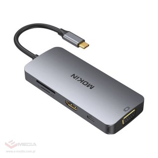 Adapter MOKiN 8w1 USB-C do 3x USB 3.0 + HDMI + USB-C + VGA + SD Card Reader + Micro SD Card Reader (srebrny)