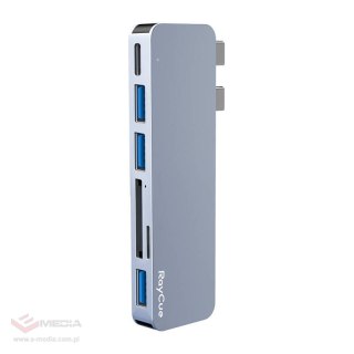 Hub 6w2 RayCue 2x USB-C do Thunderbolt 3 + 3x USB-A 3.0 5Gbps + SD/TF 2.0 (szary)