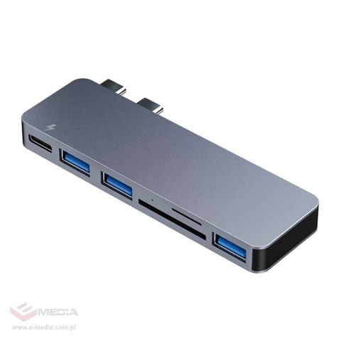 Hub 6w2 RayCue 2x USB-C do Thunderbolt 3 + 3x USB-A 3.0 5Gbps + SD/TF 2.0 (szary)