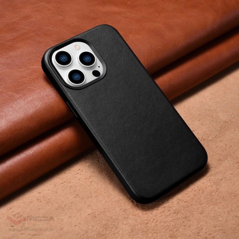 ICarer Case Leather pokrowiec etui z naturalnej skóry do iPhone 14 Pro Max czarny (WMI14220708-BK) (kompatybilne z MagSafe)