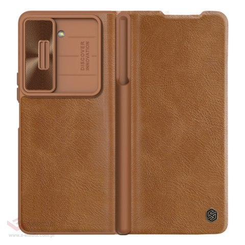 Skórzane etui z klapką i osłoną aparatu do Samsung Galaxy Z Fold 5 Nillkin Qin Leather Pro - brązowy