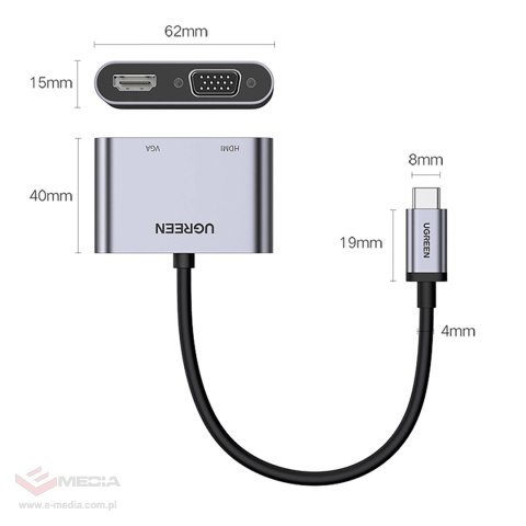 Adapter Ugreen CM162 50505 USB-C - HDMI / VGA / USB-A 3.0 / USB-C PD - szary