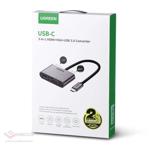 Adapter Ugreen CM162 50505 USB-C - HDMI / VGA / USB-A 3.0 / USB-C PD - szary