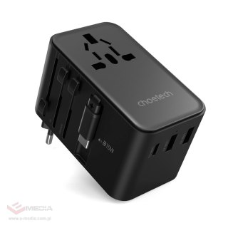 Adapter podróżny Choetech PD5022 70W EU / US / AUS / UK z wbudowanym kablem USB-C - czarny