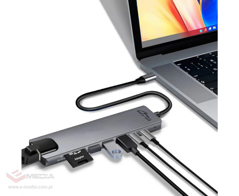 Adapter 8w1 Media-Tech MT5046 Hub USB-C to USB 3.0 + USB 2.0 + HDMI + USB-C + USB-C PD + microSD, SD + RJ45