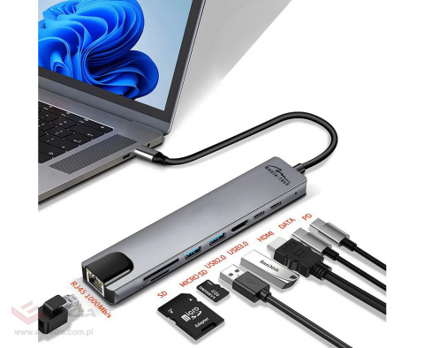 Adapter 8w1 Media-Tech MT5046 Hub USB-C to USB 3.0 + USB 2.0 + HDMI + USB-C + USB-C PD + microSD, SD + RJ45