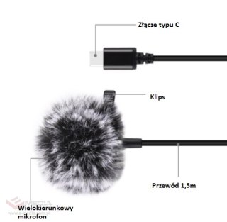 Mikrofon Jack Puluz krawatowy z klipsem PU425 1,5m USB-C