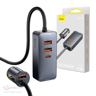 Ładowarka samochodowa Baseus Share Together z przedłużaczem, 3x USB, USB-C, 120W (szara)