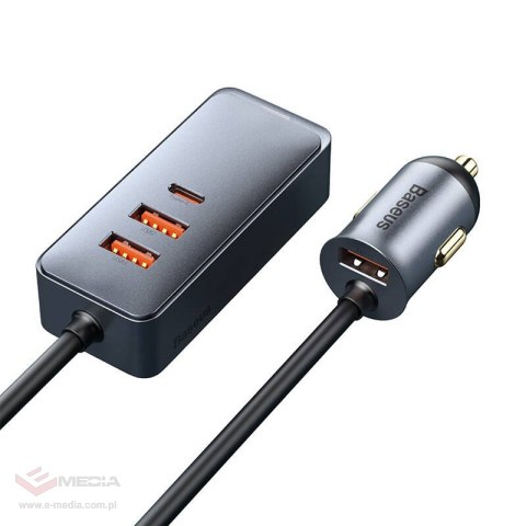 Ładowarka samochodowa Baseus Share Together z przedłużaczem, 3x USB, USB-C, 120W (szara)