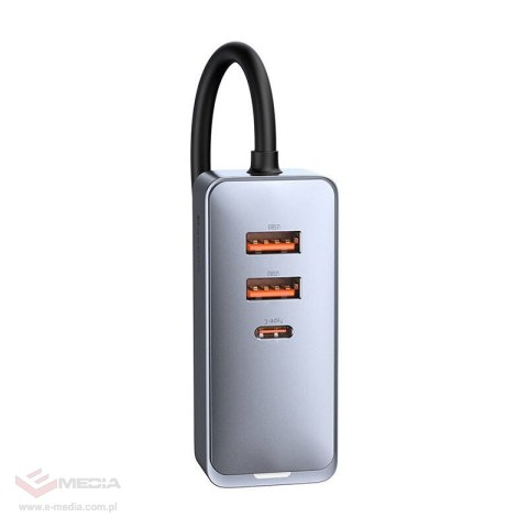 Ładowarka samochodowa Baseus Share Together z przedłużaczem, 3x USB, USB-C, 120W (szara)