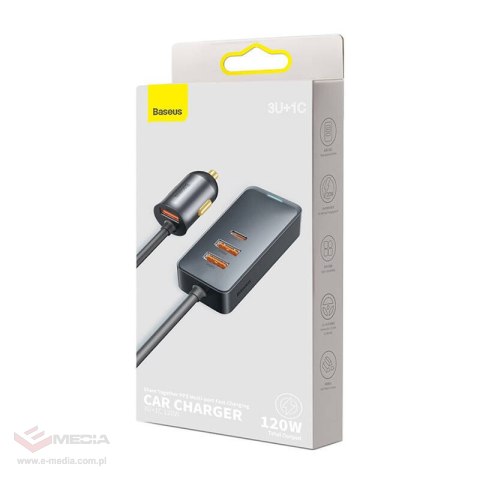 Ładowarka samochodowa Baseus Share Together z przedłużaczem, 3x USB, USB-C, 120W (szara)