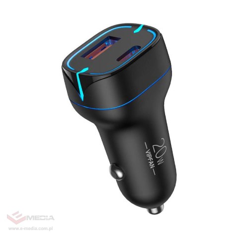 Ładowarka samochodowa VFAN C11, USB + USB-C, PD 20W + QC 3.0, LED (czarna)