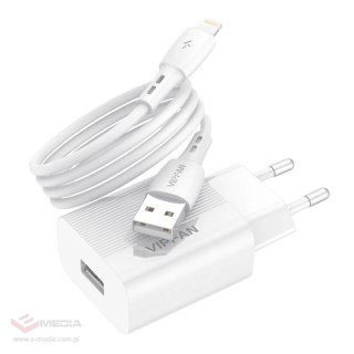 Ładowarka sieciowa VFAN E01, 1x USB, 2.4A + kabel Lightning (biała)