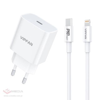 Ładowarka sieciowa VFAN E04, USB-C, 20W, QC 3.0 + kabel Lightning (biała)