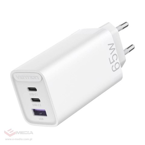 Ładowarka sieciowa GaN 2xUSB-C+ USB-A Vention FAAW0-EU 2.4A PD 65W/30W/30W biała