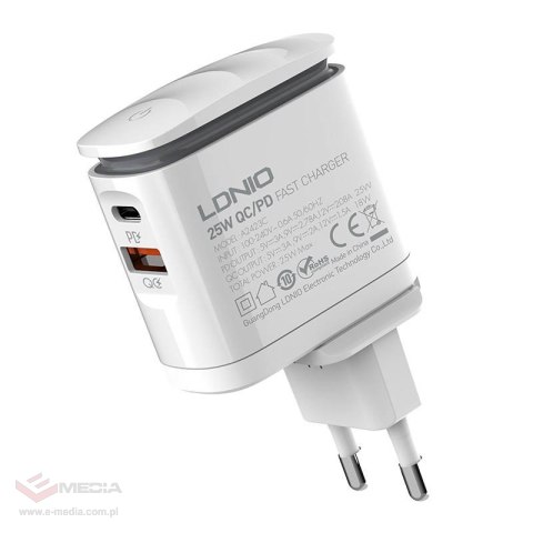 Ładowarka sieciowa LDNIO A2423C USB, USB-C + kabel USB-C - Lightning