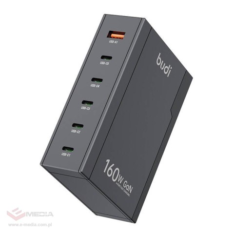 Ładowarka sieciowa Budi 350, GaN PD+ QC3.0, 5xUSB-C+1xUSB-A, 160W US/UK/EU (czarna)