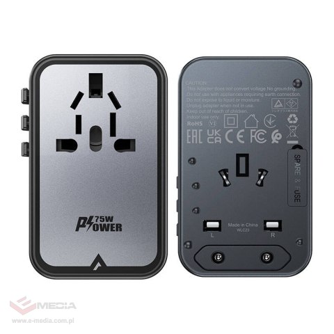 Multifunkcyjna ładowarka sieciowa podróżna Acefast Z1, 2xUSB-A, 3xUSB-C, GaN, 67W, US/EU/UK/AU (czarna)