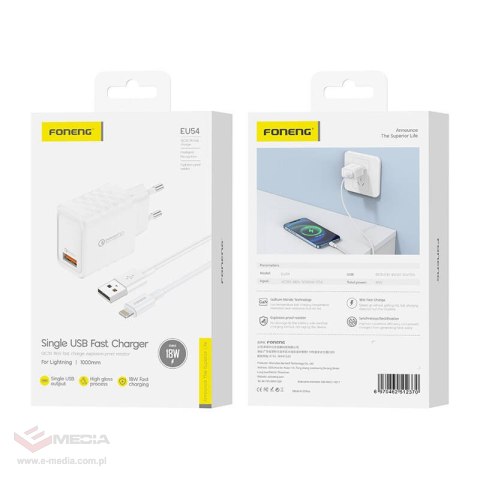 Ładowarka sieciowa Foneng EU54 18W USB-A, 3A (Biała) + kabel USB-A do Lightning