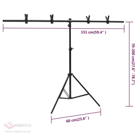 VidaXL Stojak na tło, T-kształtny, czarny, 151x60x(70-200) cm