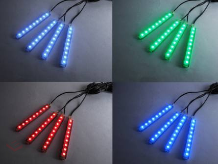 Oświetlenie wnętrza auta/kabiny, 4 x listwa RGB 9 x LED wodoodporna + sterownik/pilot/wtyk zapalniczki IP54.