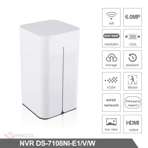 HIKVISION 8 kanałowy rejestrator IP, Wi-Fi, do 6mpix, pasmo 50Mb/s DS-7108NI-E1/V/W