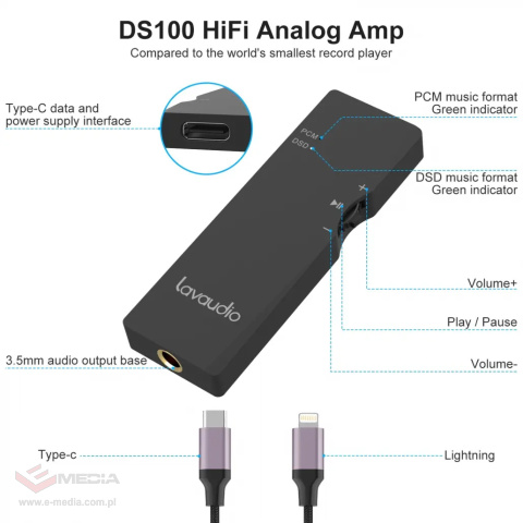 Mobilny wzmacniacz słuchawkowy DAC USB USB-C Lighting apple Hi-Fi Aux 3,5mm DS100