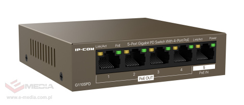 IP-COM G1105PD switch 5 portów, 5x GE, 4x PoE OUT (802.3af), 1x PoE IN (802.3af/at) xpoe