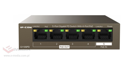 IP-COM G1105PD switch 5 portów, 5x GE, 4x PoE OUT (802.3af), 1x PoE IN (802.3af/at) xpoe