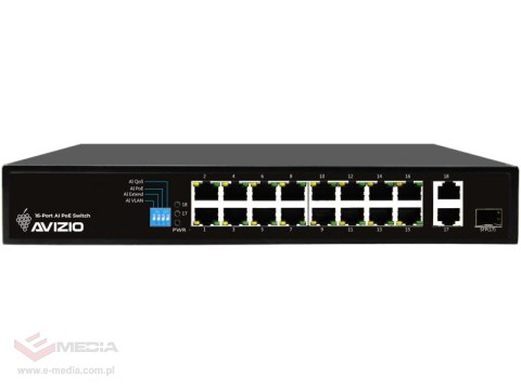 Niezarządzalny przełącznik (switch) 16 portów RJ45 PoE 100Mb/s + 2 porty RJ45 Uplink 1Gb/s (budżet mocy 150W) AVIZIO