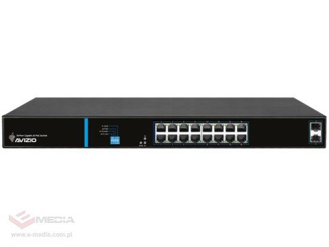 Niezarządzalny przełącznik (switch) 16 portów RJ45 PoE 1Gb/s + 2 porty SFP Uplink 1Gb/s (budżet mocy 150W) AVIZIO