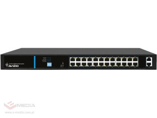 Niezarządzalny przełącznik (switch) 24 porty RJ45 PoE 1Gb/s + 2 porty SFP Uplink 1Gb/s (budżet mocy 250W) AVIZIO